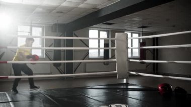 Boks eldivenli küçük bir çocuk ringe atlıyor ve pozisyonunu koruyor.