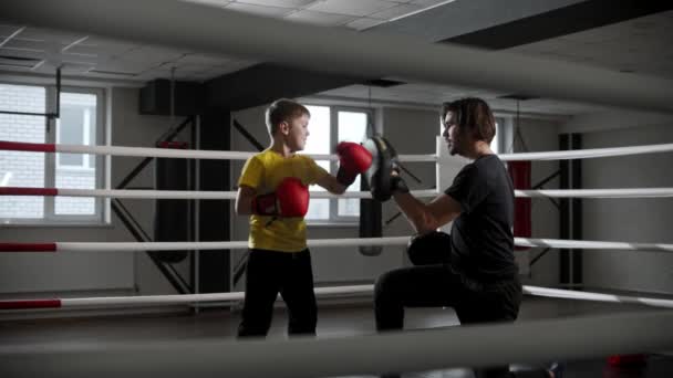 Niño pequeño entrenando boxeo con un joven entrenador en el ring — Vídeo de stock