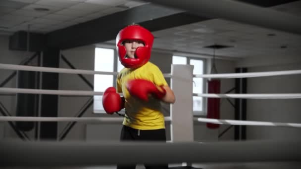 Niño con guantes de boxeo y casco suave en la cabeza y mostrando sus movimientos — Vídeos de Stock