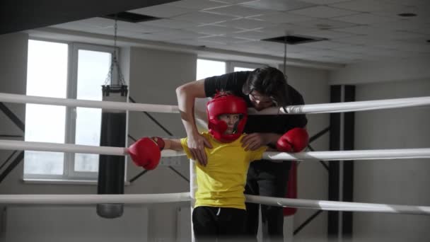 Trener rozmawia z małym bokserem i masuje ramiona na ringu. — Wideo stockowe