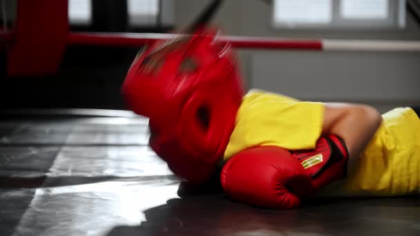 Маленький мальчик в боксерских перчатках и мягком шлеме падает на ринг в нокауте и тренер отсчитывает время перед ним — стоковое видео