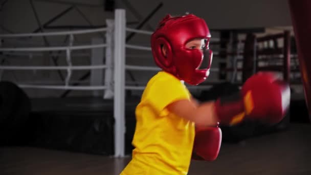 Kisfiú bokszoló üt egy nagy boxzsákot edzés közben — Stock videók