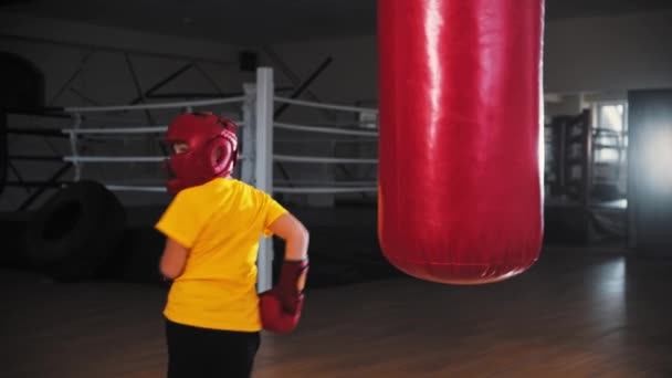 Маленький хлопчик-боксер стукає ударну сумку ногами — стокове відео