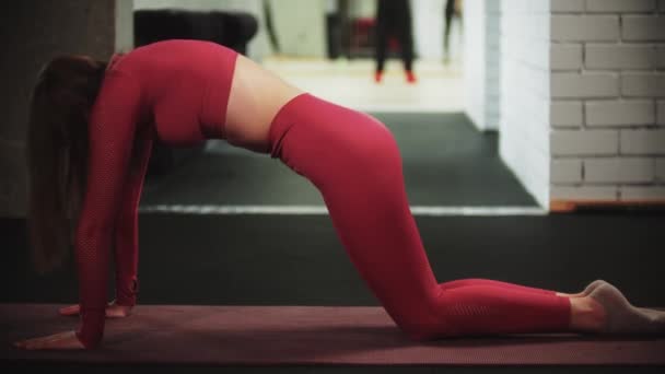 Mladá žena v červeném sportovním obleku dělá sport v tělocvičně - stojí na kolenou a ohýbá záda — Stock video