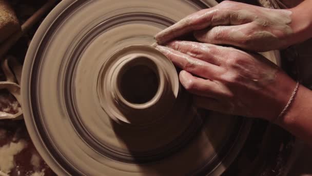 Atelier de poterie - mains féminines humides façonnant l'argile sur les côtés — Video