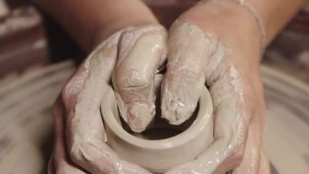 Atelier de poterie - mains féminines humides façonnant l'argile sur la roue — Video