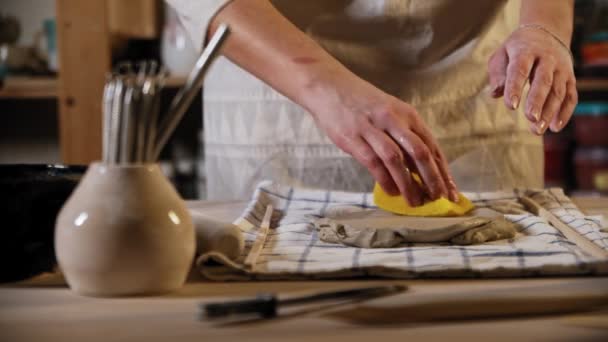 Young woman potter wetting the clay using a sponge — Vídeo de Stock