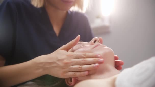 Séance de massage - jeune femme glissant ses doigts sur le visage de sa cliente — Video