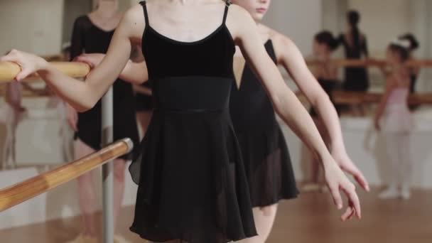 Due bambine che si allenano vicino allo stand nello studio di danza — Video Stock