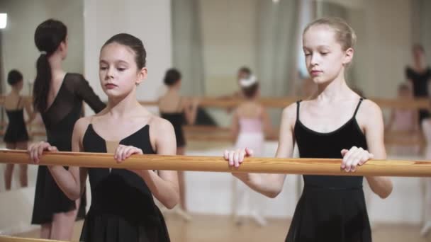 Група маленьких дівчат навчає балет у дзеркальній студії з тренером-жінкою - двоє дівчат навчаються окремо від інших — стокове відео