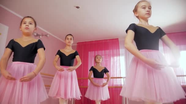 Vier Ballerinas in wunderschönen Kleidern stehen vor dem Tanz in Position — Stockvideo