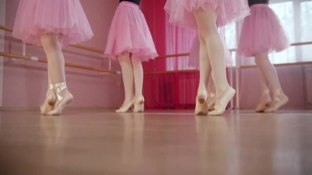 Cinco bailarinas meninas em belos vestidos praticando sua dança de balé — Vídeo de Stock