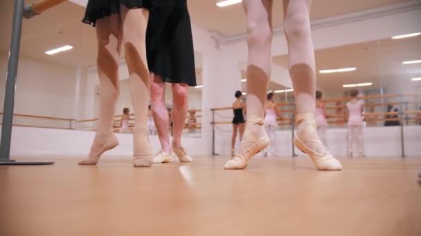Обучение балету - девочки тренируют свои стенды на пуантах с помощью своего тренера — стоковое видео