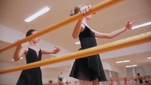 Обучение балету - группа девочек, обучающихся балету в студии-зеркале - две девушки тренируются отдельно от других у стенда — стоковое видео
