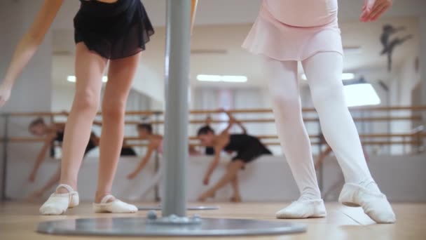 Treinamento de balé - meninas pequenas treinando sua dança em sapatos pontiagudos — Vídeo de Stock