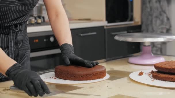 Tagli torta biscotto al cioccolato con una stringa — Video Stock