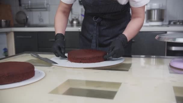 Cukrárna - žena krájí čokoládový houbový dort na dvě části pomocí šňůrky — Stock video