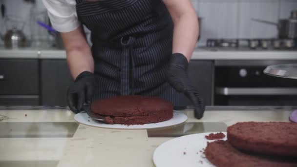 Pasticceria: una donna taglia un pan di Spagna al cioccolato in due parti con un coltello — Video Stock