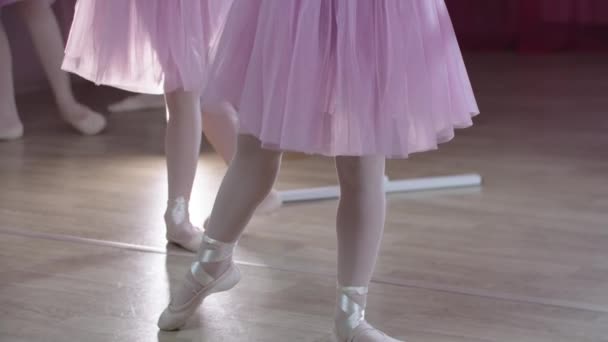 Treinamento de balé - cinco meninas em belos vestidos que treinam pelos estandes no estúdio — Vídeo de Stock