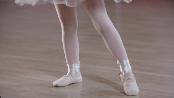 Balettträning - en liten flicka i röd klänning stående i balettställning — Stockvideo