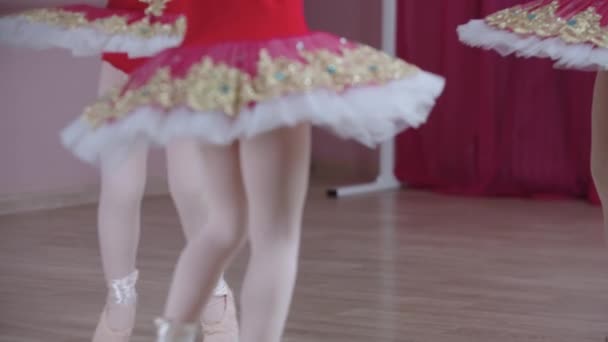 Ballet training - drie kleine ballet meisjes staan in positie en lopen in een cirkel — Stockvideo