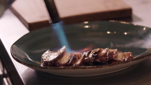 셰프는 버너를 사용하여 접시 위에 생선 조각들을 태운다 — 비디오