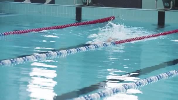 25-15-2021 RUSSIA, KAZAN - SWIMMING COMPETITIONS - маленький хлопчик, що плаває на спині, використовуючи ноги. — стокове відео