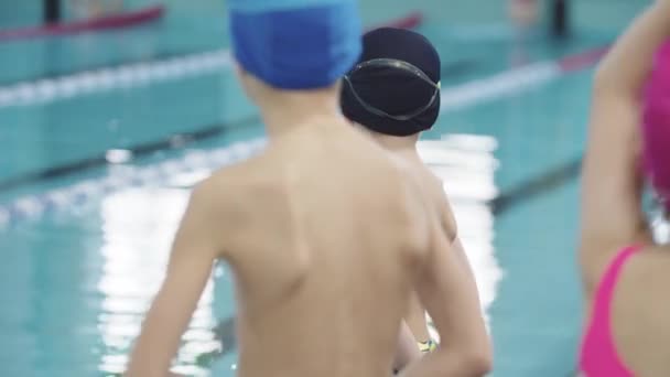 COMPETICIONES DE Nadar: niños pequeños junto a la piscina — Vídeos de Stock