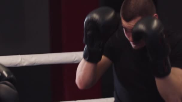 Joven hombre y mujer entrenando boxeo esquivando en el ring — Vídeos de Stock