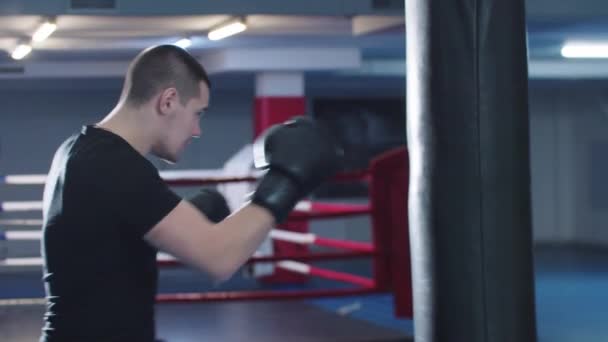 Un joven con el pelo corto entrena boxeo en un saco de boxeo — Vídeos de Stock