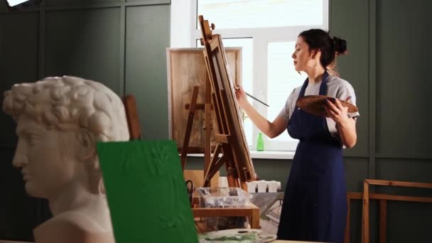 Estudio de arte - mujer bonita joven dibujando una pintura sobre lienzo — Vídeos de Stock