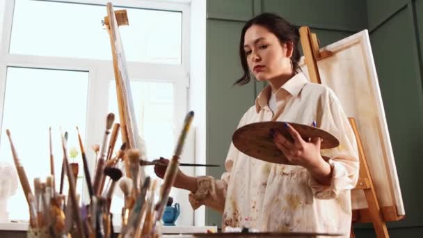 Studio d'arte - giovane bella donna in camicia colorata di colore bianco che disegna un dipinto — Video Stock