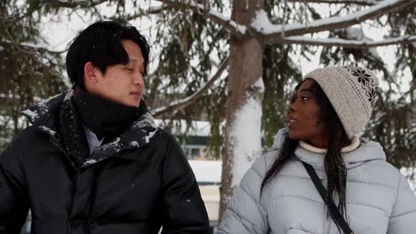 Jonge aziatische man praten met zijn zwarte vrouw vriend zitten op bank in winter park — Stockvideo