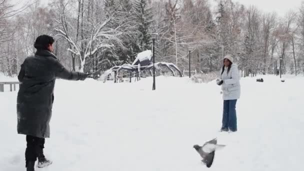 Jovem mulher negra jogando bolas de neve com seu namorado — Vídeo de Stock