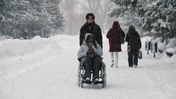 Młody kilka Azji facet i jego czarny dziewczyna w wózek chodzenie w zimie park — Wideo stockowe