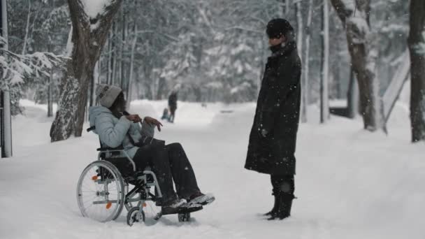 Joven negro mujer en un silla de ruedas hablando con su asiático macho amigo en invierno bosque — Vídeos de Stock