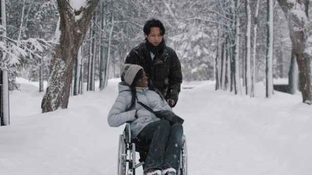 Et ungt par asiater og hans svarte kjæreste i rullestol som går i vinterskogen – stockvideo
