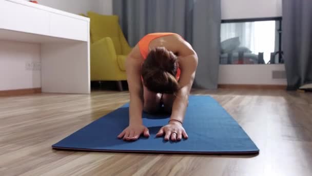 Fitness en casa - mujer joven haciendo ejercicios en esterilla de yoga — Vídeos de Stock