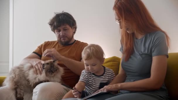 Sarı kanepede oturan, tüylü kedili bir aile. — Stok video