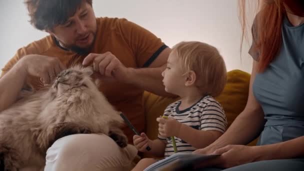 Sarı koltukta oturan aile, tüylü kedileri ve ellerinde kalemlerle. — Stok video