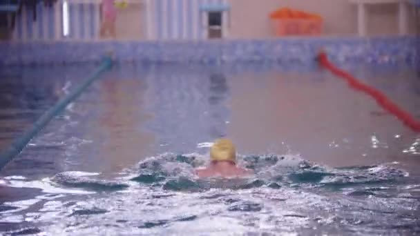 Un nadador en gorra dorada nadando en la piscina — Vídeo de stock