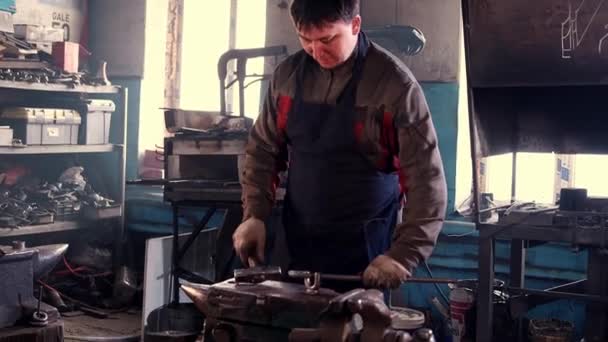 Male blacksmith forges iron on an anvil — Stock Video