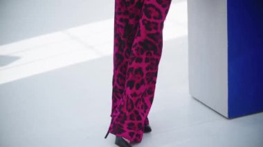 Pembe leopar takım elbiseli genç ve güzel bir kadın fotoshoot 'ta poz veriyor. Orta çekim