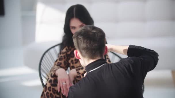 Young Beautiful Model Woman Leopard Suit Having Photoshoot White Studio — Stock Video
