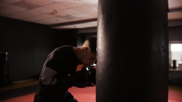 Бокс Тренировки Человек Бьющий Боксерскую Грушу Замедленной Съемке Средний Выстрел — стоковое видео