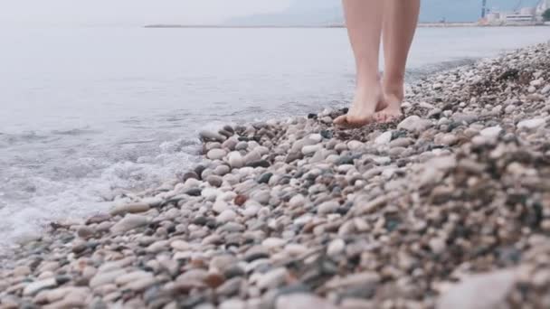 Kobieta Chodzi Kamieniach Wybrzeżu Moczy Stopy Wodzie Środek Strzału — Wideo stockowe