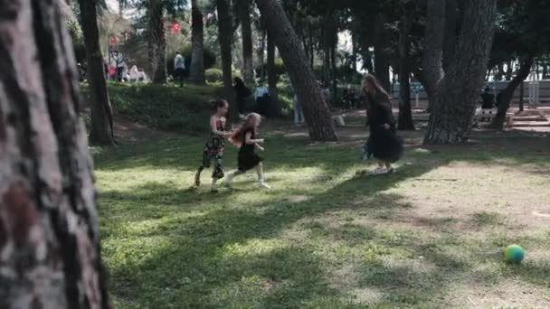 母亲和两个女儿的家人在公园里玩捉迷藏游戏 — 图库视频影像