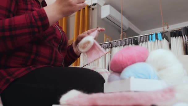 スタジオで編み物の針で子犬の服を編む女性 ミッドショット — ストック動画
