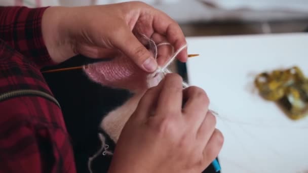 Kobieta Szydełkuje Ubrania Dla Szczeniąt Drutami Robótek Ręcznych Środek Strzału — Wideo stockowe