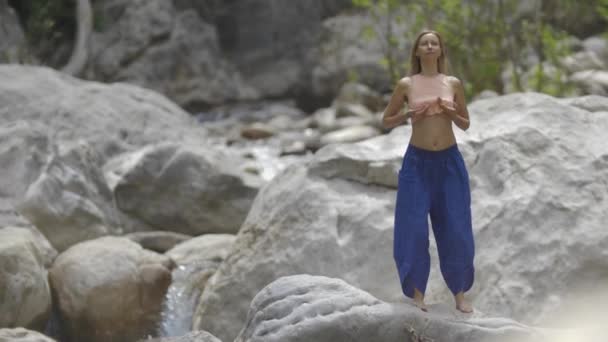 Joga Nad Strumieniem Wody Kobieta Krótkim Topie Wykonuje Ćwiczenia Medytacyjne — Wideo stockowe
